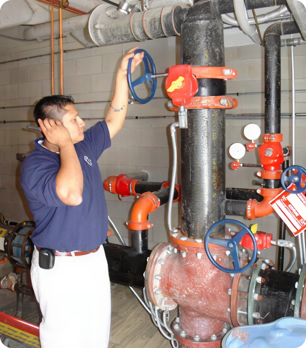 Technician handling plumbing controls